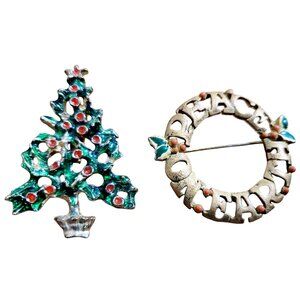 Christmas Tree and PEACE ON EARTH Wreath Pins 1950's Brooches Vintage Christmas